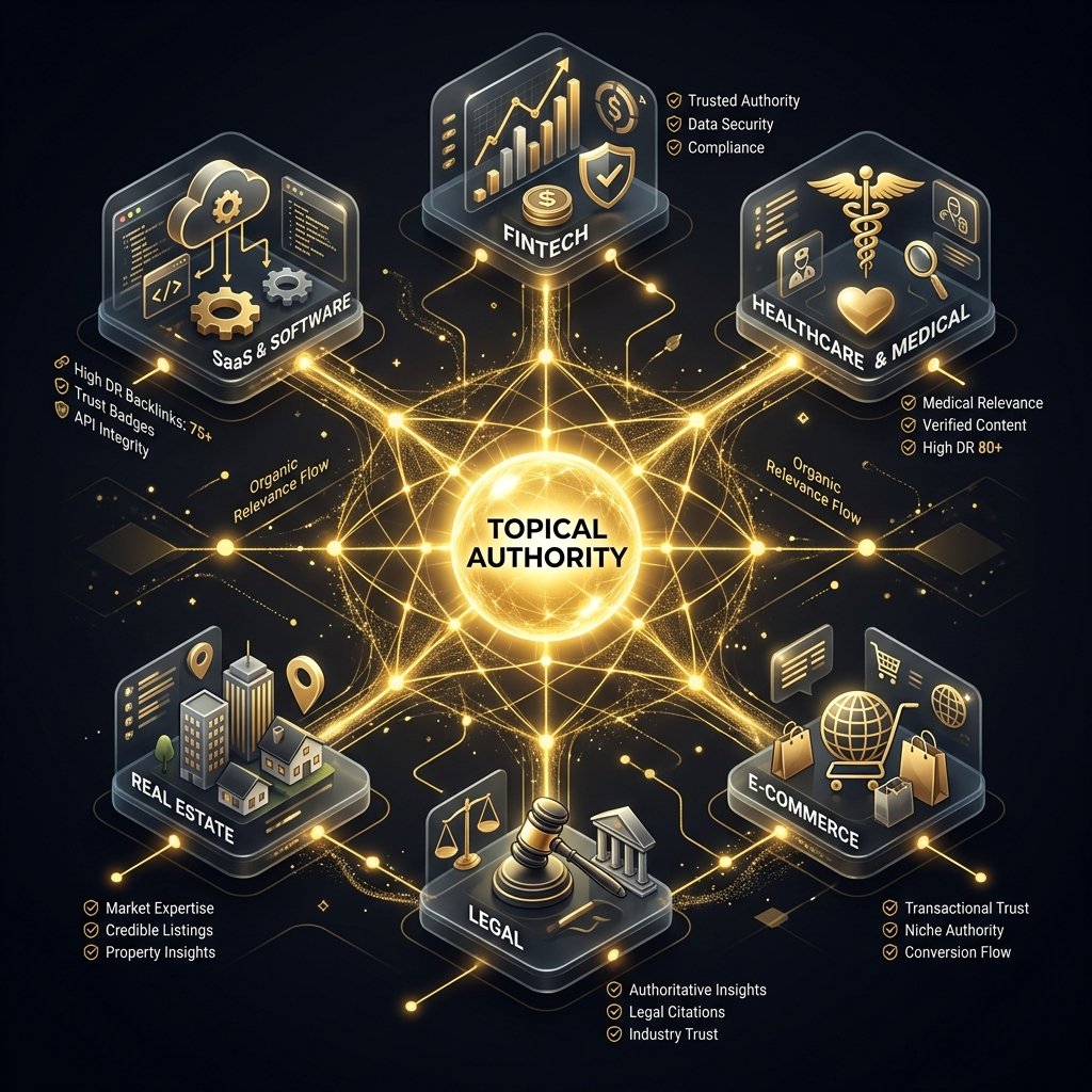 GuestProx Topical Authority Ecosystem Map across SaaS, FinTech, Healthcare, Legal, and E-commerce